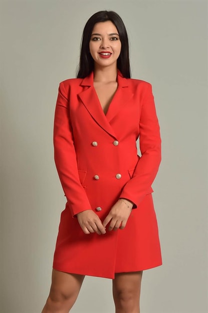 Kırmızı Düğme Detaylı  Ceket Elbise