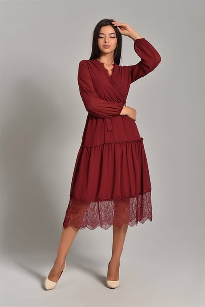 Bordeaux Tulle Midi Skirt Length Tip Chiffon Dress