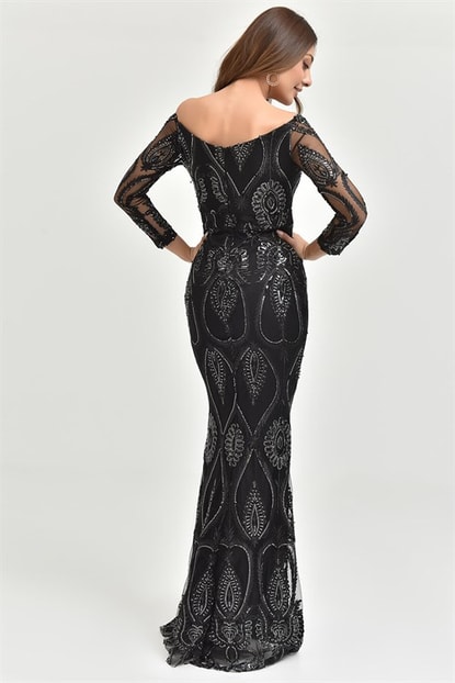 Pula Boat Neck Black Silver Sequin Embroidered Evening Dress