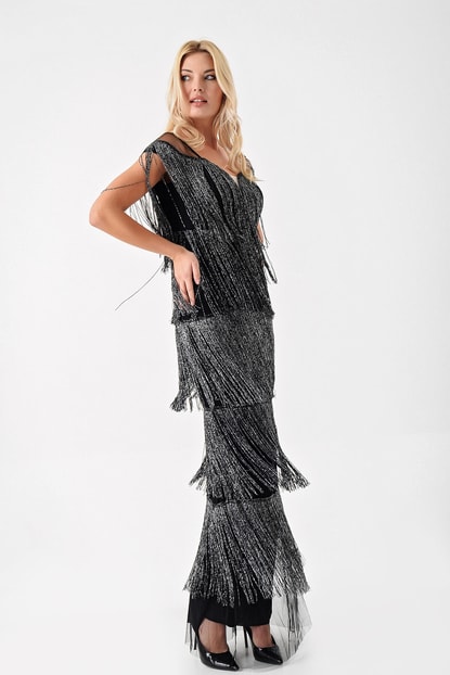 FM Anthracite Design Fringed Evening Dress