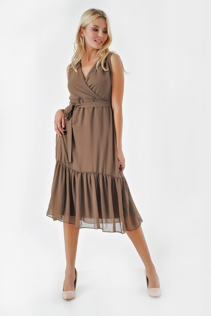 Collar double-breasted khaki skirt ruffles Chiffon Dress