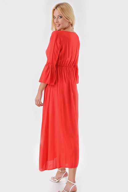 The red side of the slit Drawstring Waist Shirt Dress